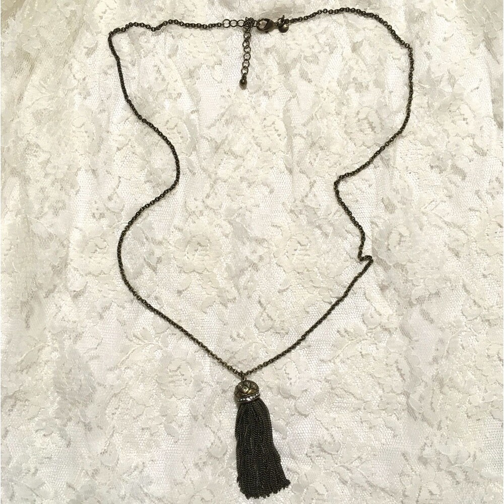 J Crew Tassel Pendant Chain Necklace Rhinestones Dark Gold tone